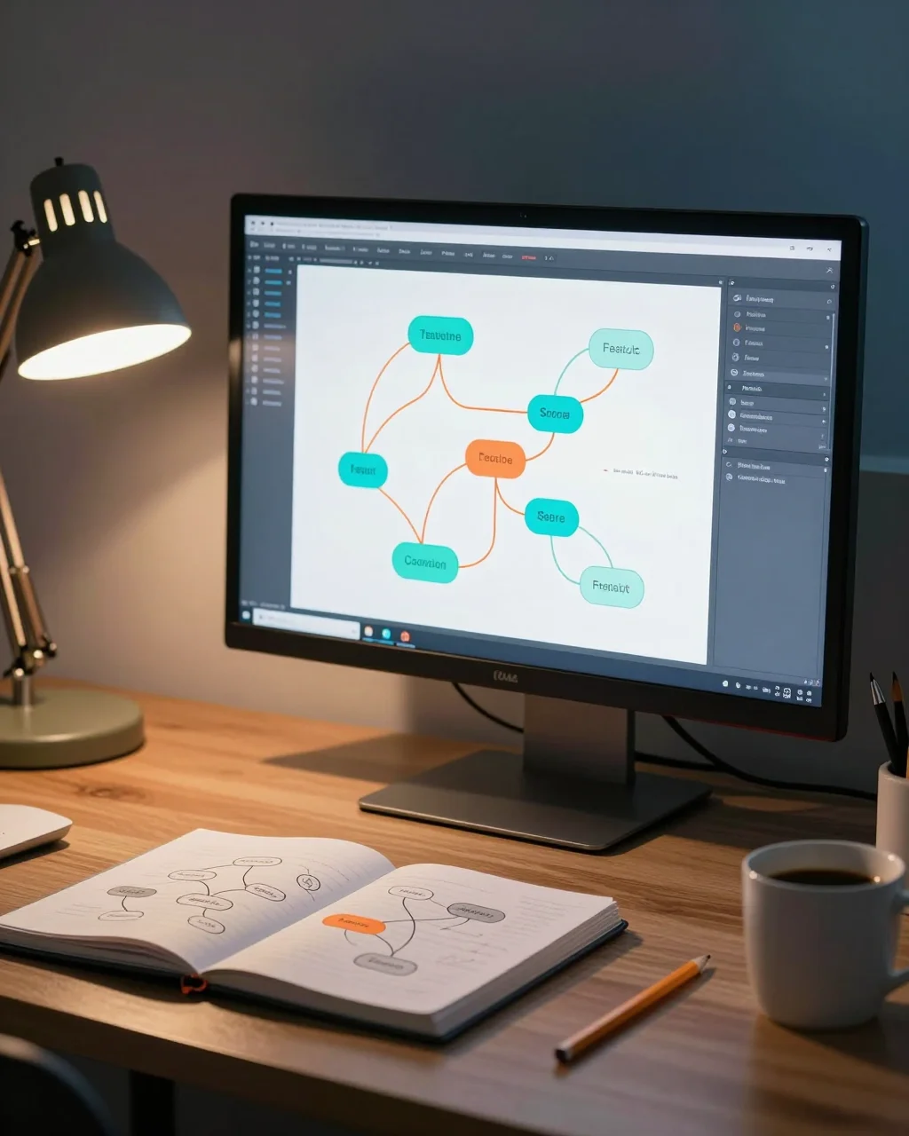 A desk at night with a ComfyUI-style node graph on the monitor and the same graph sketched in a notebook